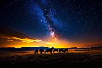 Fototapeta premium Starry skies above a wide, open plain, with a herd of wild horses silhouetted against the night sky