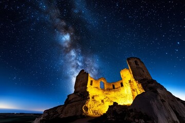 Starry skies above an ancient castle, casting a magical glow on the historic ruins below