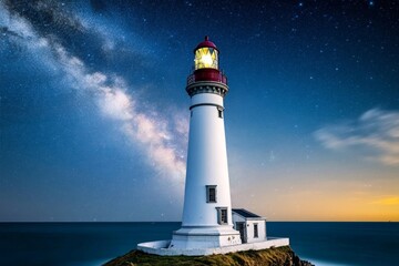 Starry skies above an old lighthouse standing sentinel over the ocean, guiding ships through the night