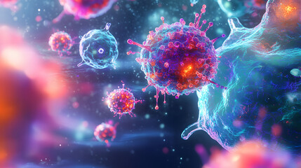 Abstract representation of immunotherapy with digital cells and treatment pathways, highlighting advances in cancer therapy and medical research.