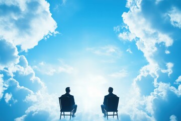 Two people sit in chairs under a blue sky filled with clouds, symbolizing contemplation and connection in a serene environment.