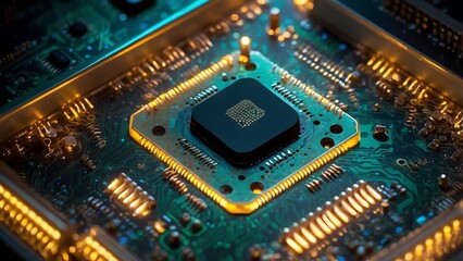 Fototapeta premium CPU computer chip close up lighting up circuit board, advanced microchip technology high speed components