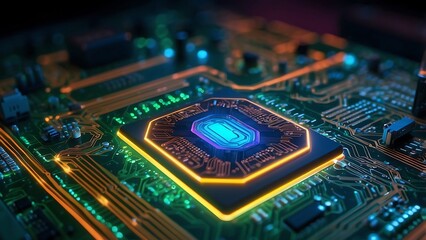 Obraz premium CPU computer chip close up lighting up circuit board, digital microchip technology high speed components