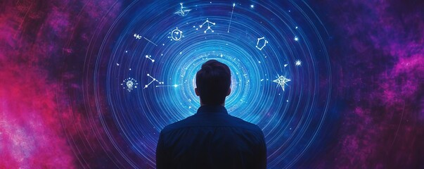Person observing a cosmic vortex with zodiac symbols spinning within, sci-fi and mystical blend
