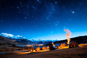 Starry skies illuminating a quiet village in the mountains, with smoke rising from chimneys below