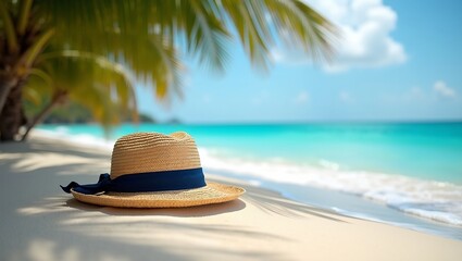 Tranquil beach scene with straw hat on white sand palm trees and clear ocean