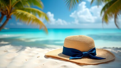 Tranquil beach scene with straw hat ocean and palm trees