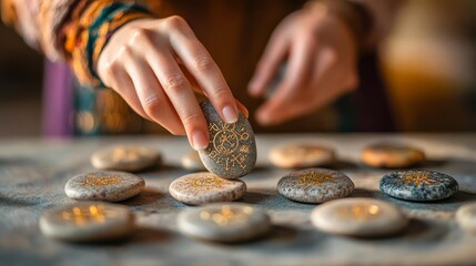 Person placing stones with zodiac symbols on an altar, spiritual ritual, earthy tones and textures