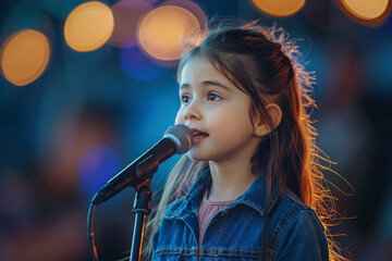 Little girl singing into microphone on stage