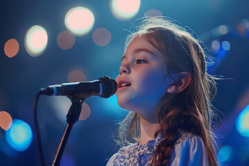 Little girl singing into microphone on stage with golden lights