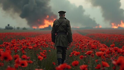 Fototapeta premium Brave soldier walking through poppy field amidst wars destruction