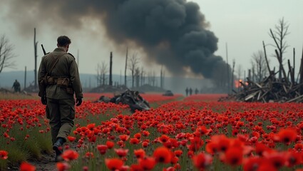 Lone soldier in tattered uniform walks through poppy field on a smoldering battlefield