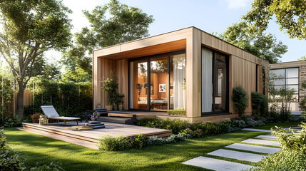 3D illustration of a modern downsized home exterior with a small garden.


