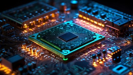 Fototapeta premium Computer chip close up lighting up circuit, advanced microchip technology high speed components