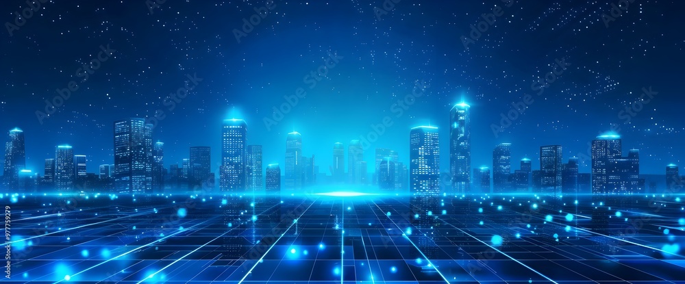 Poster digital technology: a glowing blue cityscape background vector presentation design with a light grid