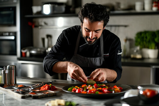 Private chef preparing a gourmet meal in a modern kitchen