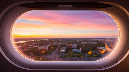 Beautiful Scenic City Sunset View Through Aircraft Window: Capturing the Golden Horizon from Above
