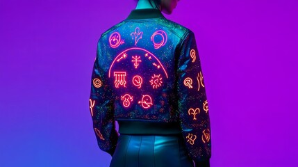 Person wearing a jacket with glowing zodiac symbols, modern fashion meets mysticism