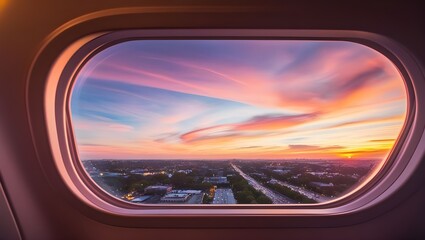 Beautiful Scenic City Sunset View Through Aircraft Window: Capturing the Golden Horizon from Above
