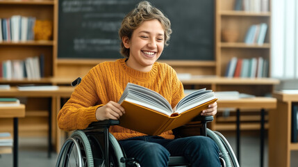 Smiling child in a wheelchair reading a book in a library or classroom with bookshelves and a chalkboard in the background, wearing a yellow sweater.