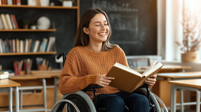 A young woman in a wheelchair is smiling and holding a book in a classroom. Bookshelves and desks are visible in the background, creating a learning environment.