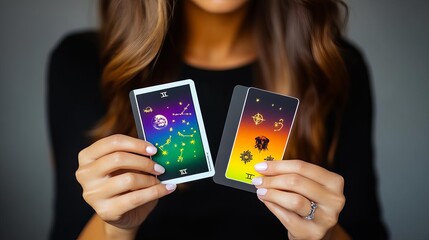 Young woman holding tarot cards with zodiac signs on them, vibrant and ethereal colors, future predictions concept