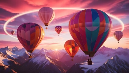 Obraz premium Colorful Hot Air Balloons Soaring Above High Mountains at Sunrise: A Stunning View Against a Beautiful Sky Background