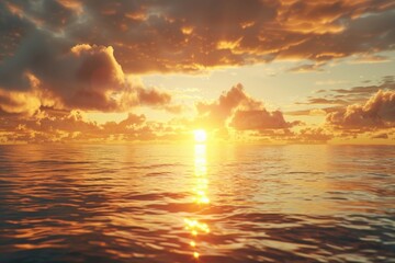 The sun is setting over the ocean, casting a warm glow on the water, generative ai image