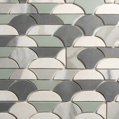 Fototapeta premium wall covered with a pattern of overlapping, scallop-shaped tiles. The tiles are arranged in a fish scale layout, creating a visually appealing texture