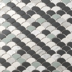 Fototapeta premium wall covered with a pattern of overlapping, scallop-shaped tiles. The tiles are arranged in a fish scale layout, creating a visually appealing texture
