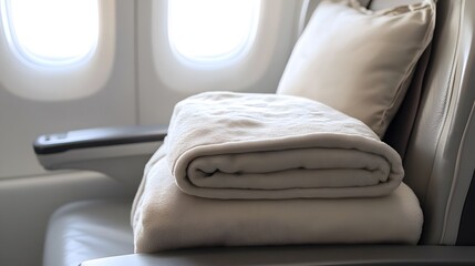 Travel Blanket: A cozy travel blanket folded neatly on an airplane seat, with a travel pillow beside it.

