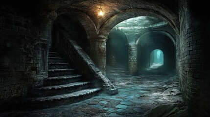 Naklejka premium A Stone Stairway Leading to a Mysterious Tunnel in a Dark, Arched Passageway