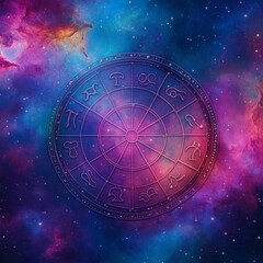 Zodiac signs floating in a cosmic nebula, vibrant and colorful universe backdrop