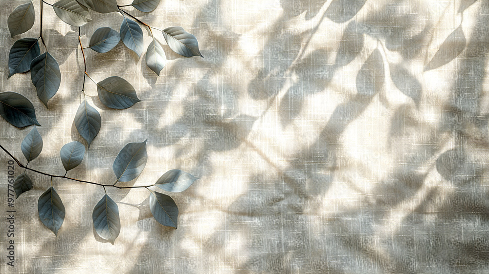 Poster sunlight casts delicate shadows of leaves on a textured fabric background in soft tones