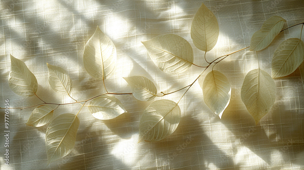 Poster delicate sunlight filtering through leaves on a textured fabric background in soft hues