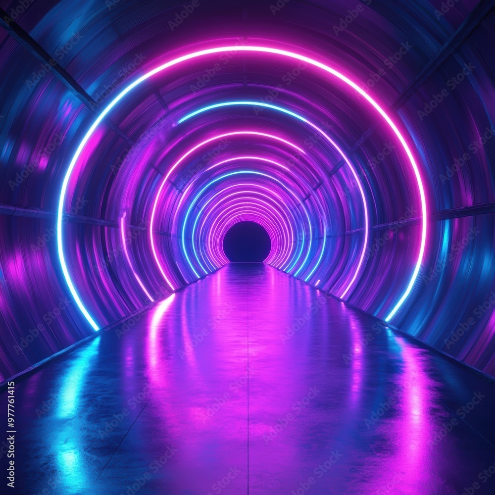 Poster vibrant neon tunnel with glowing circles, creating a futuristic and immersive atmosphere for unique 