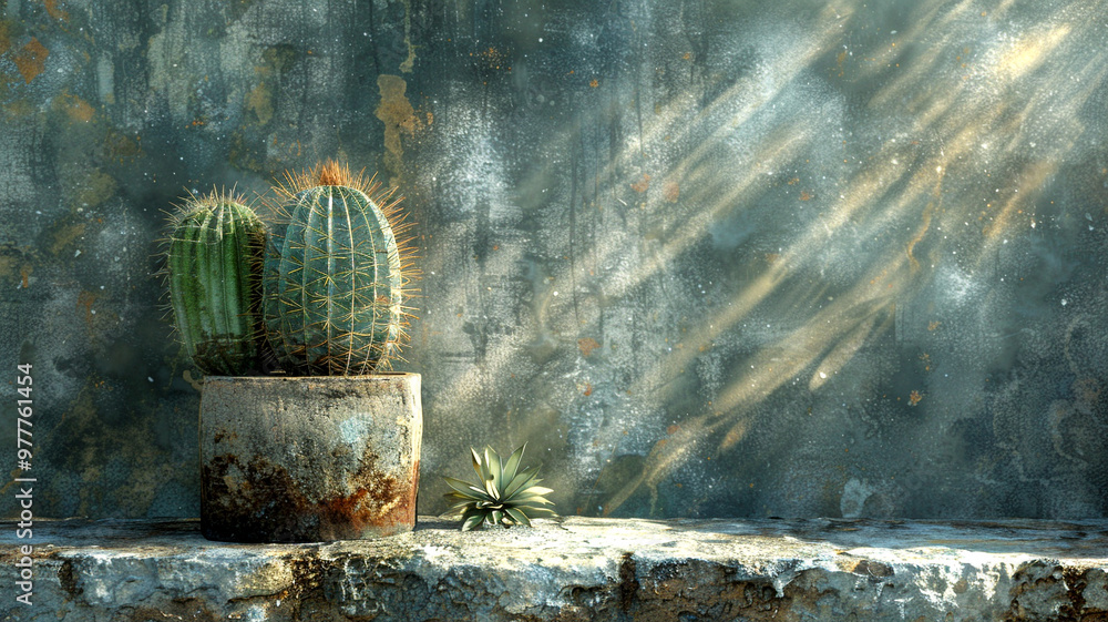 Poster Sunlight breaks through, illuminating two cacti on a rustic stone ledge in a serene corner