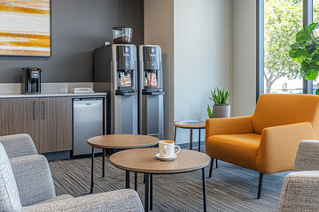 Office break room with a coffee machine and comfortable seating