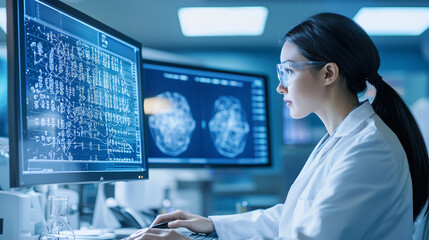 scientist intently working on a computer screen filled with real-time biotech data, representing China&rsquo;s leading role in biotechnology. The screen should highlight data analytics a