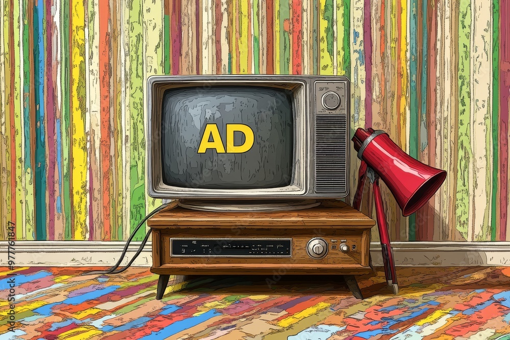 Poster retro tv with a red megaphone displaying advertisement in a colorful retro style room representing n