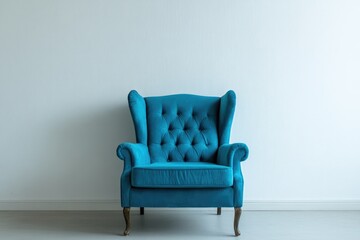 Contemporary Living Space with Bright Blue Chair on White Wall Background