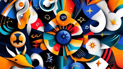 Zodiac wheel with each sign represented by unique abstract shapes and colors, dynamic and eye-catching