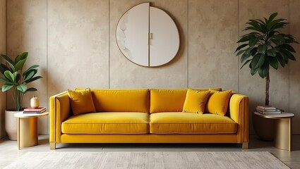Stylish yellow velvet sofa with gold accents against textured stucco wall