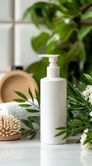 Elegant white pump bottle surrounded by greenery and spa essentials, perfect for beauty and skincare product displays.
