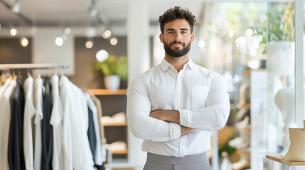 Obraz premium stylish waiter standing confidently in his contemporary clothing store. The store should be designed with modern aesthetics, showcasing a variety of high-end clothing items. The wa