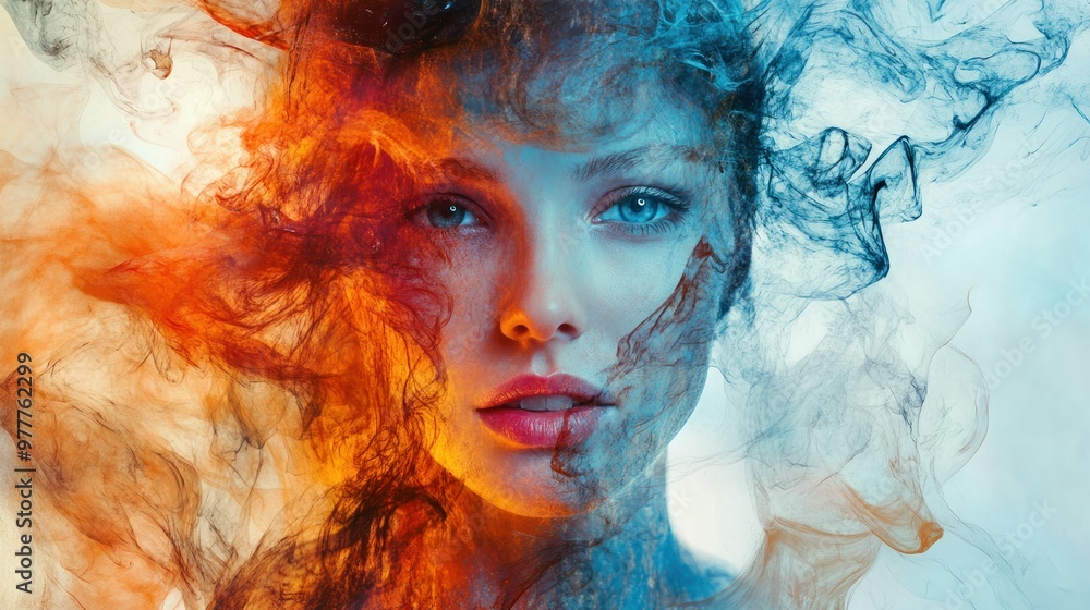 Poster Woman's Face Enveloped in Swirling Orange and Blue Smoke