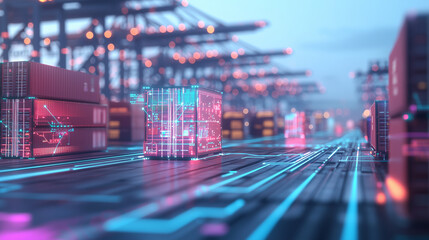 high-tech digital rendering of a busy dock where containers are being prepared for international shipment. The image should include holographic displays and digital connections lin