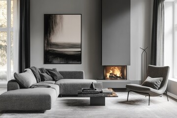 Contemporary Living Room Interior with Stylish Fireplace and Elegant Poster