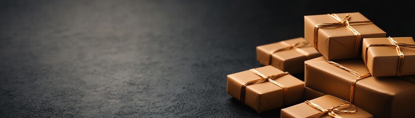 Flat lay of beautifully wrapped gift boxes on a dark background, perfect for holiday promotions and special occasions.