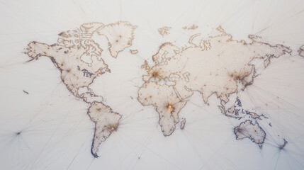 detailed world map with connecting lines representing the key export routes for a multinational corporation. Each line should start from production hubs and branch out to different
